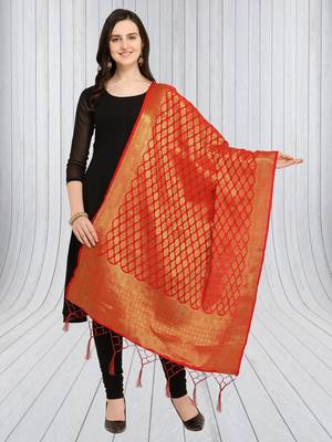Red Banarasi Silk Zari Woven Dupatta With Tussels 1