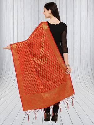 Red Banarasi Silk Zari Woven Dupatta With Tussels 2