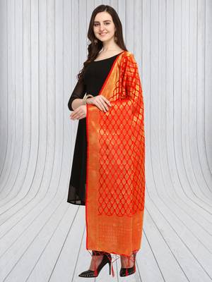 Red Banarasi Silk Zari Woven Dupatta With Tussels 3
