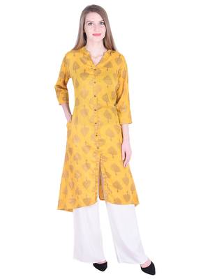 Yellow printed rayon kurti 1