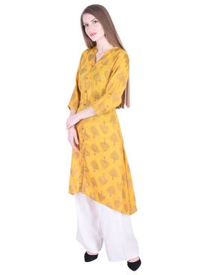 Yellow printed rayon kurti 2