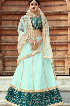 Sea Green Embroidered Art Silk Semi Stitched Bridal Lehenga