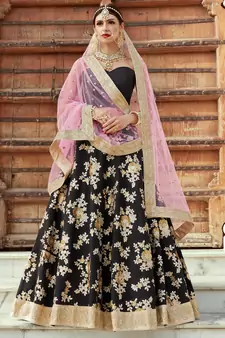 Black Embroidered Crepe Silk Semi Stitched Bridal Lehenga