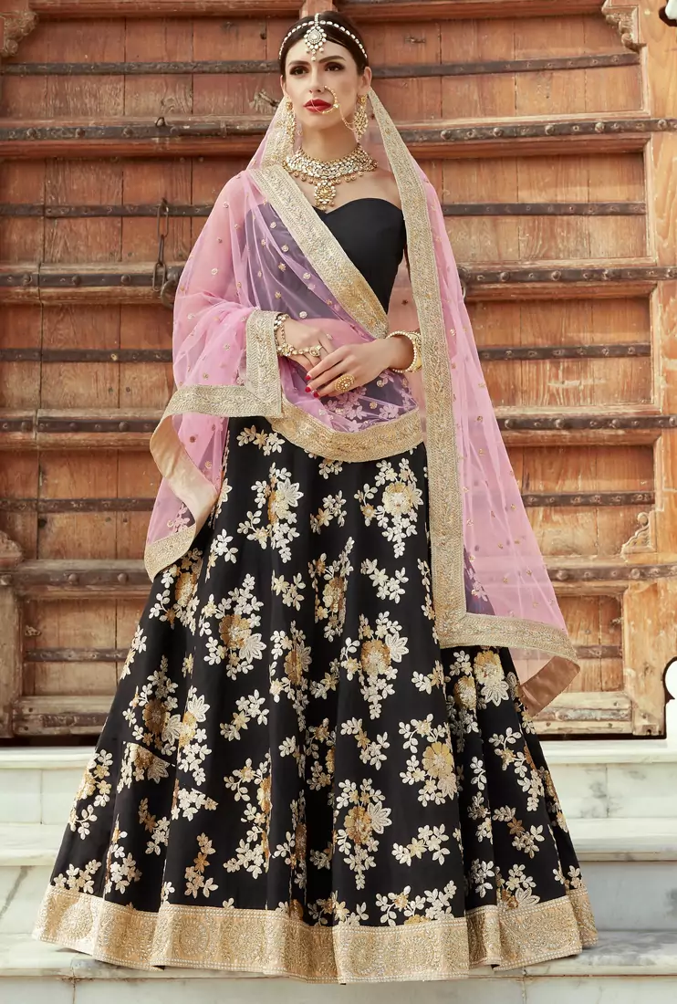 Black Embroidered Crepe Silk Semi Stitched Bridal Lehenga