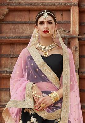 Black Embroidered Crepe Silk Semi Stitched Bridal Lehenga 2