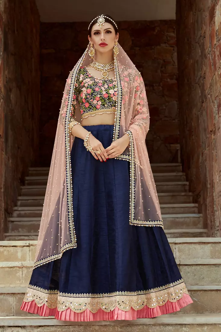 Navy Blue Thread Embroidered Art Silk Semi Stitched wedding lehenga