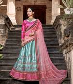  Sky Blue Resham And Zari Embroidered With Stone And Pearl Work Satin Semi Stitched Lehenga