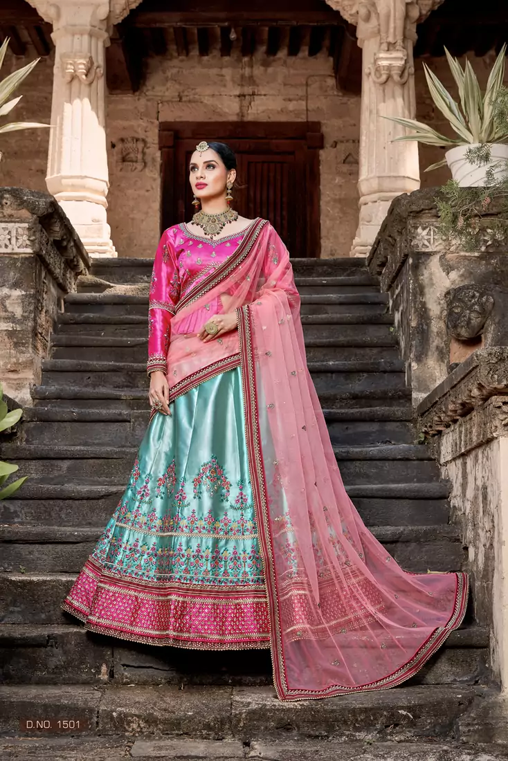 Delightful Sky Blue resham and zari Embroidered with stone and pearl work  Satin Semi Stitched Lehenga