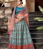 Sky Blue Resham And Zari Embroidered With Stone Work Satin Bridal Ghagra Choli