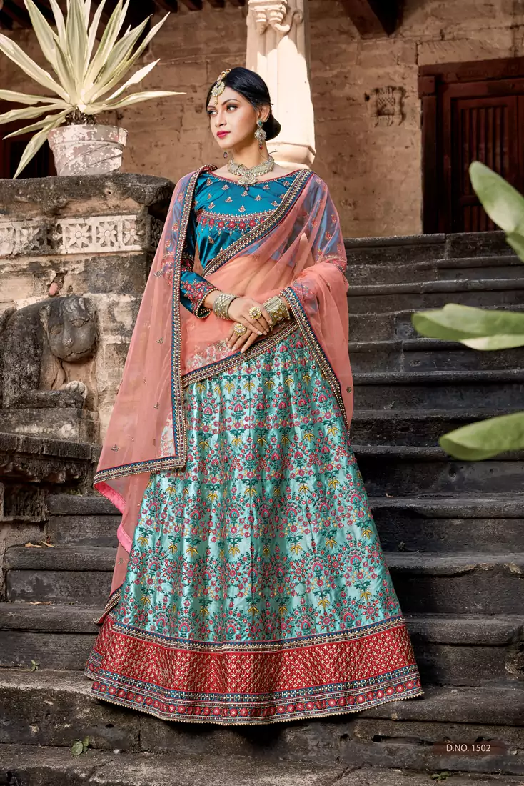 Sky Blue resham and zari Embroidered with stone work Satin Bridal ghagra choli