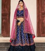 Navy Blue Thread Embroidered Satin Semi Stitched Lehenga
