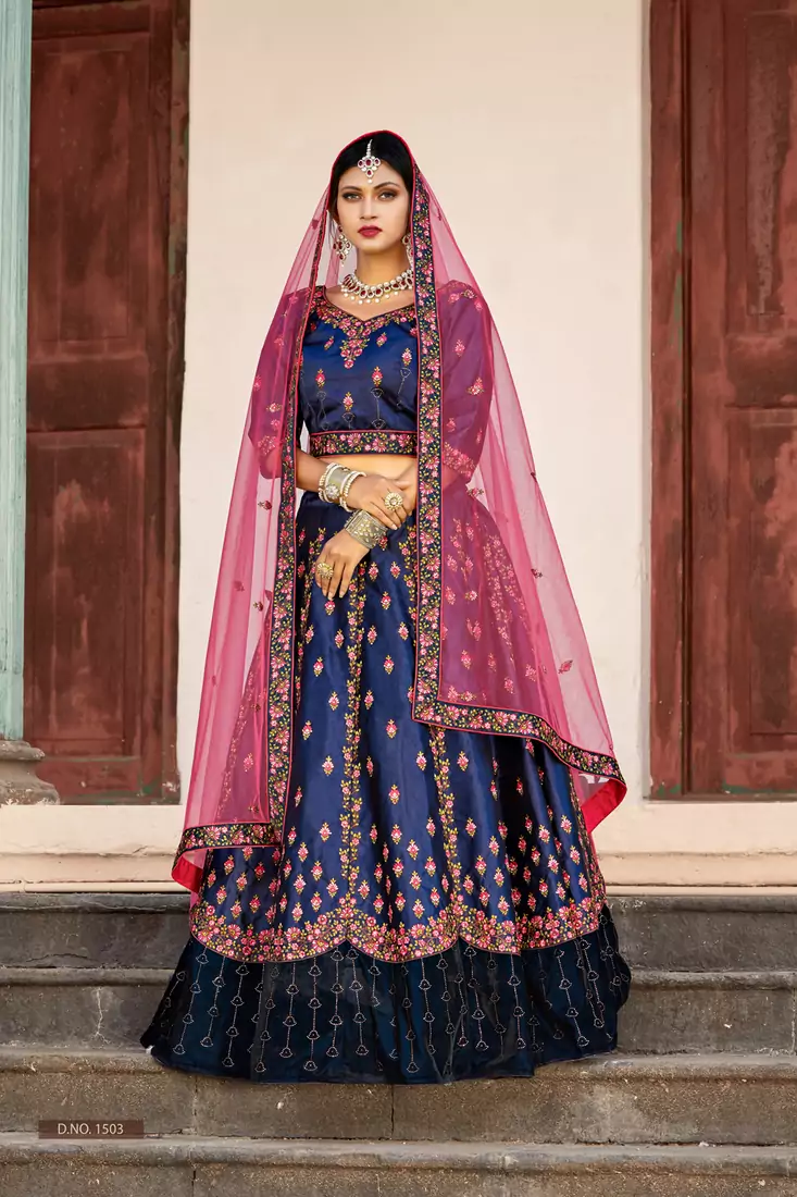 Captivating Navy Blue Thread Embroidered Satin Semi Stitched Lehenga