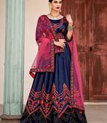 Tempting Navy Blue Thread Embroidered Satin Wedding Lehenga Choli