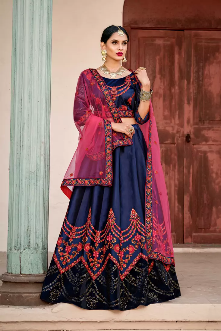 Tempting Navy Blue Thread Embroidered Satin wedding Lehenga choli
