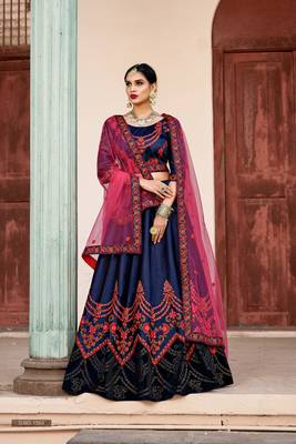 Tempting Navy Blue Thread Embroidered Satin Wedding Lehenga Choli 2