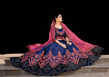 Tempting Navy Blue Thread Embroidered Satin Wedding Lehenga Choli 3