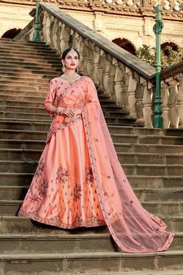 Spectacular Peach Resham Embroidered Satin Semi Stitched Bridal Lehenga 1