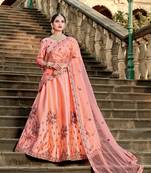 Spectacular Peach Resham Embroidered Satin Semi Stitched Bridal Lehenga