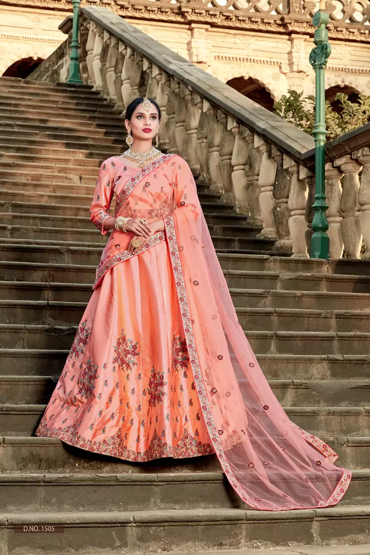 Spectacular Peach Resham Embroidered Satin Semi Stitched Bridal Lehenga