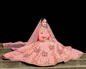 Spectacular Peach Resham Embroidered Satin Semi Stitched Bridal Lehenga 2