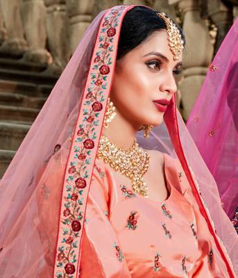 Spectacular Peach Resham Embroidered Satin Semi Stitched Bridal Lehenga 3