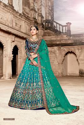 Attractive Green Embroidered Satin Semi Stitched Lehenga 1