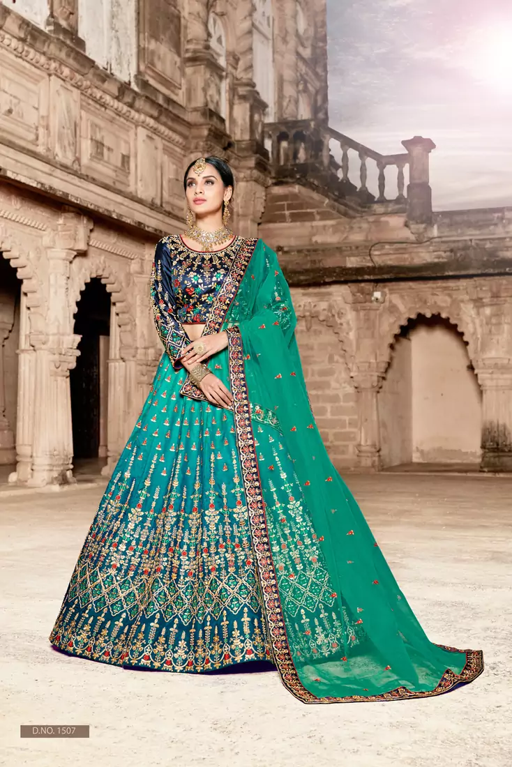 Green Embroidered Satin Semi stitched Lehenga With Dupatta