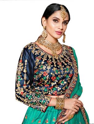 Attractive Green Embroidered Satin Semi Stitched Lehenga 2