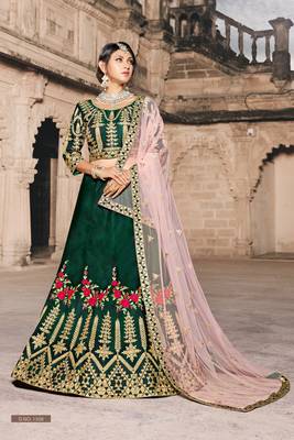 Seductive Green Thread And Dori Embroidered Silk Semi Stitched Bridal Lehenga Choli 1