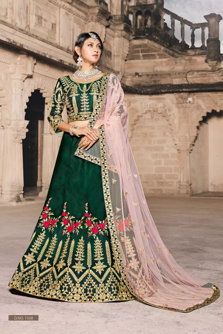 Seductive Green Thread and Dori Embroidered Silk Semi Stitched Bridal Lehenga choli