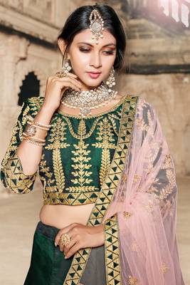 Seductive Green Thread And Dori Embroidered Silk Semi Stitched Bridal Lehenga Choli 2
