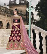  Wine Dori Thread And Sequins Embroidered Taffeta Silk Bridal Lehenga