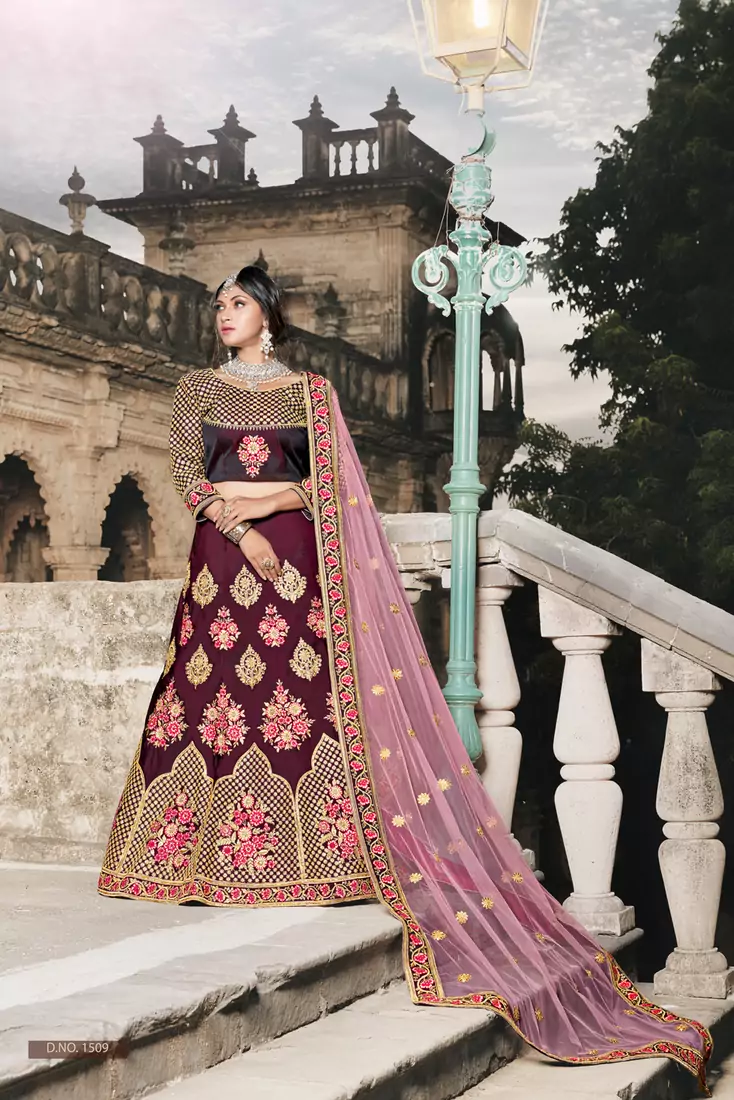 Charming Wine Dori, Thread and Sequins Embroidered Taffeta Silk Bridal Lehenga