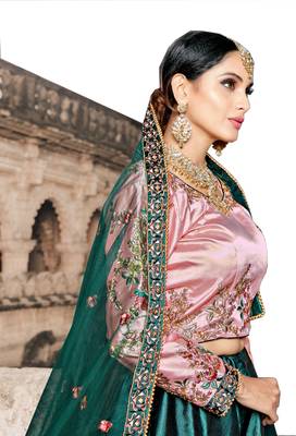  Green Resham Embroidered Satin Bridal Lehenga Choli 2
