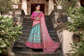 Sky Blue Resham And Zari Embroidered With Stone And Pearl Work Satin Semi Stitched Lehenga 4