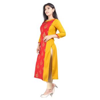 Yellow printed rayon kurti 3