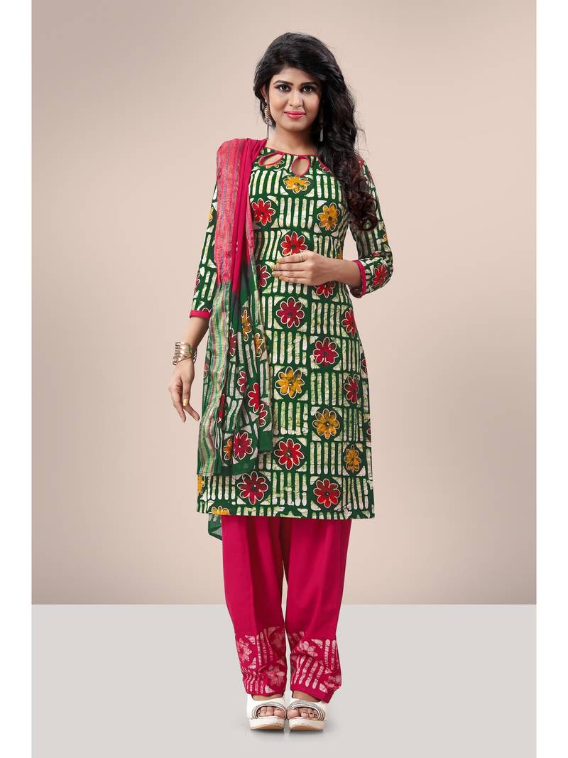 Green printed cotton unstitched salwar with dupatta
