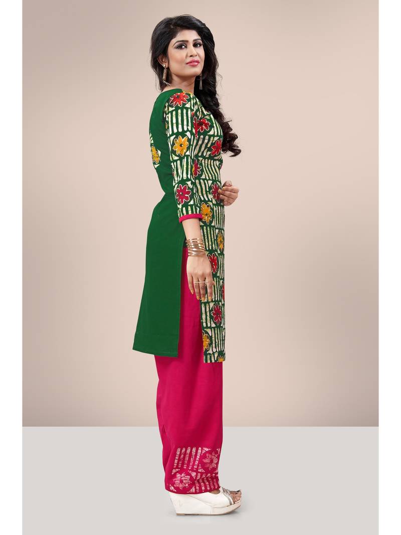 Green printed cotton unstitched salwar with dupatta