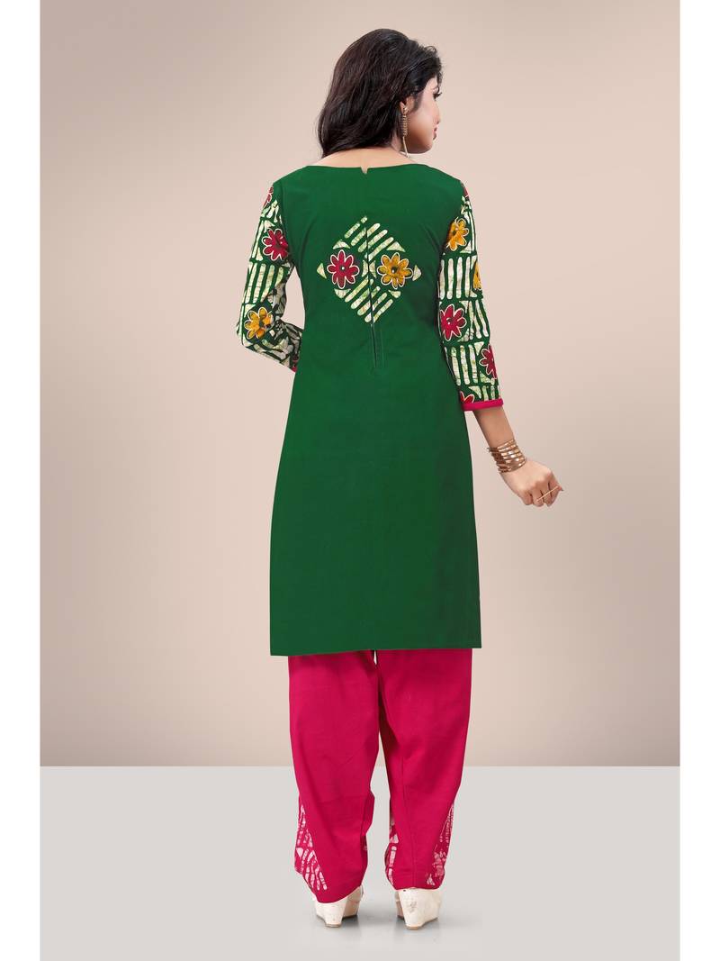 Green printed cotton unstitched salwar with dupatta