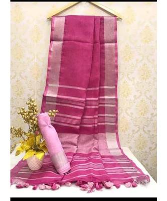 Pink Linen Saree With Zari Border And With Blouse 1