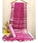 Pink Linen Saree With Zari Border And With Blouse