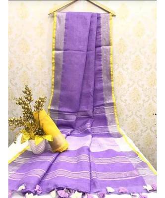 Purple Linen Saree With Zari Border And With Blouse 1
