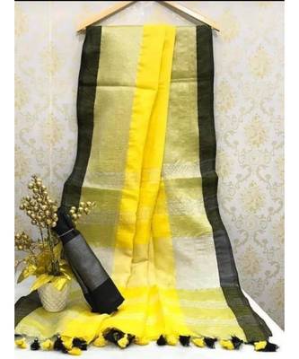 Yellow Linen Saree With Zari Border And With Blouse 1