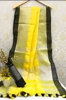 Yellow Linen Saree With Zari Border And With Blouse