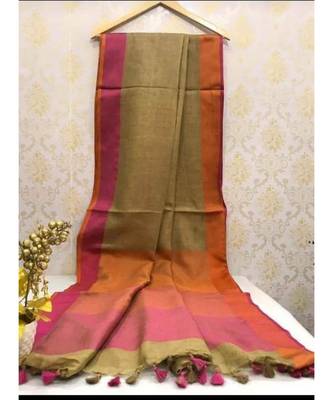 Dark Beige Linen Saree With Zari Border And With Blouse 1