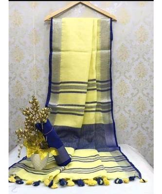Light Yellow Linen Saree With Zari Border And With Blouse 1