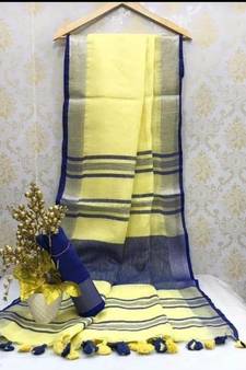 Light Yellow Linen Saree With Zari Border And With Blouse