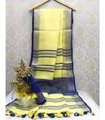 Light Yellow Linen Saree With Zari Border And With Blouse