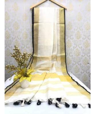 White Linen Saree With Zari Border And With Blouse 1