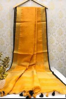 Orange Linen Saree With Zari Border And With Blouse